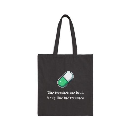 “The Trenches Are Dead” Black Canvas Tote Bag – Pixel Text Design