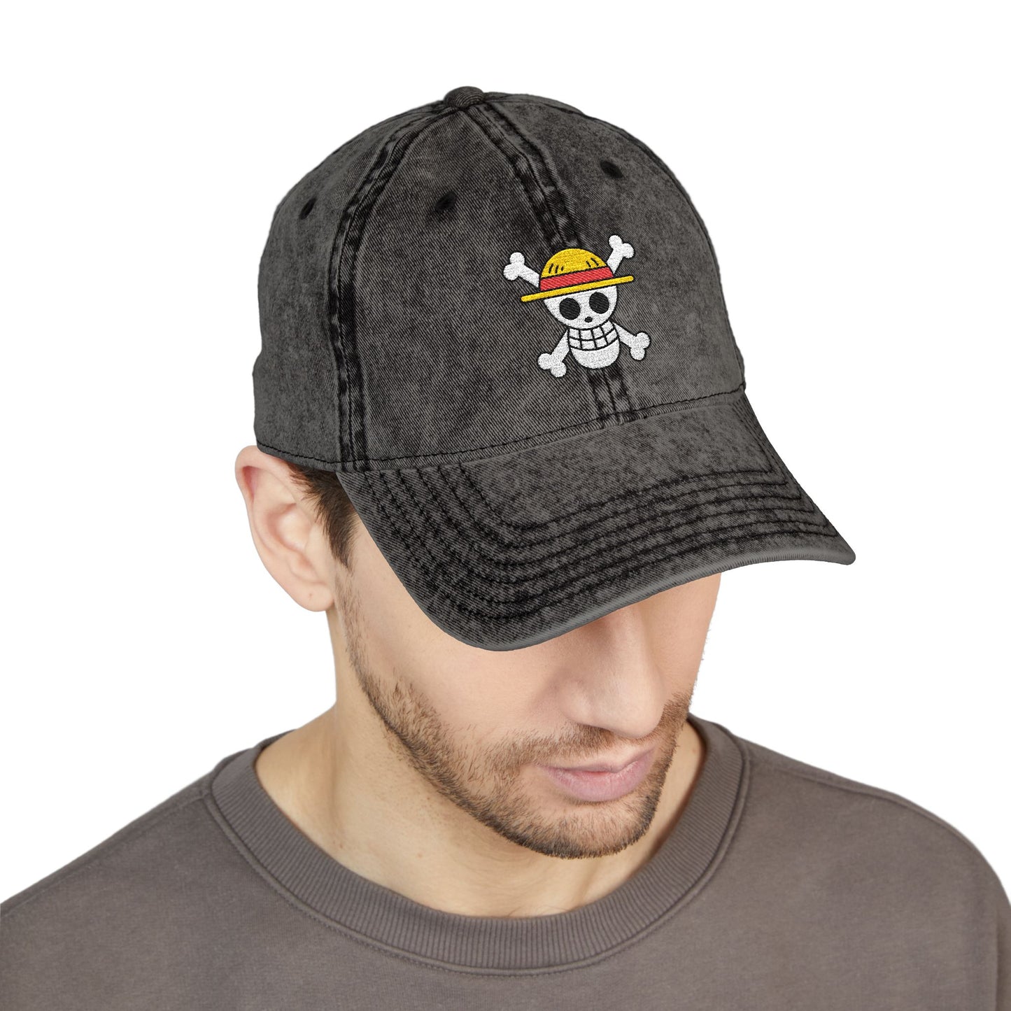 Embroidered Skull & Straw Hat Vintage Cap — Washed Black Cotton Dad Hat