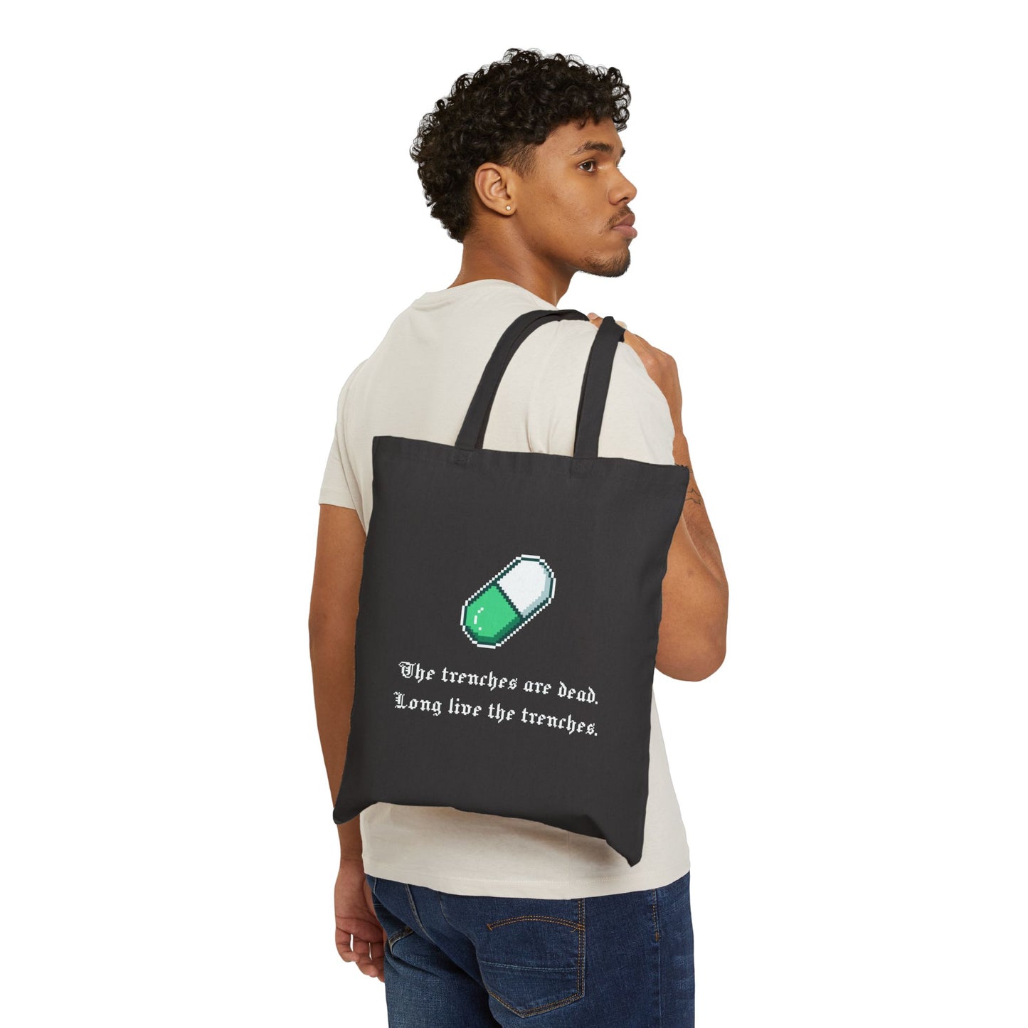 “The Trenches Are Dead” Black Canvas Tote Bag – Pixel Text Design