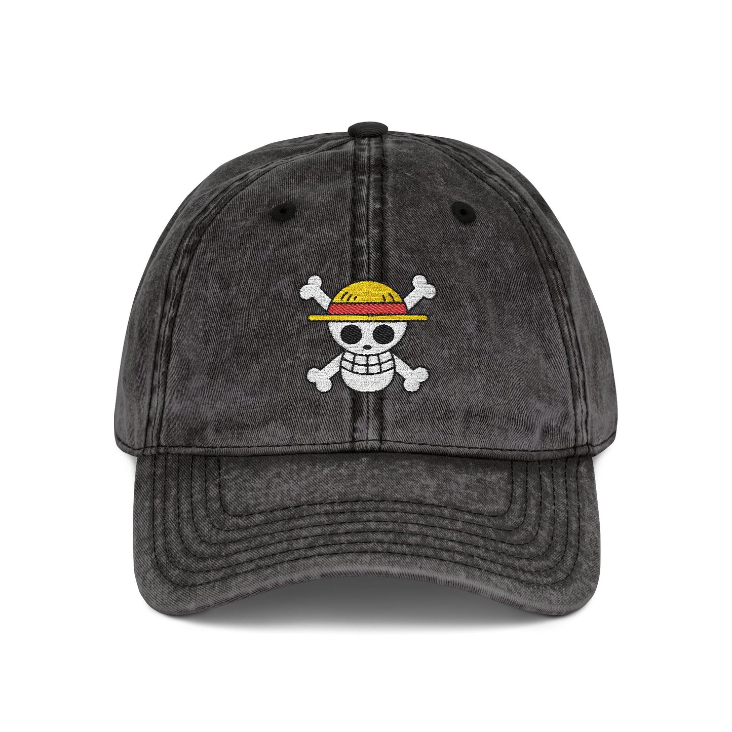 Embroidered Skull & Straw Hat Vintage Cap — Washed Black Cotton Dad Hat