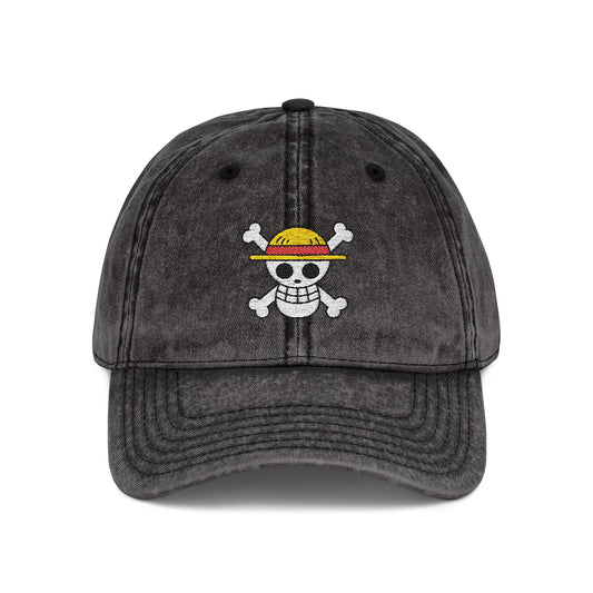 Embroidered Skull & Straw Hat Vintage Cap — Washed Black Cotton Dad Hat